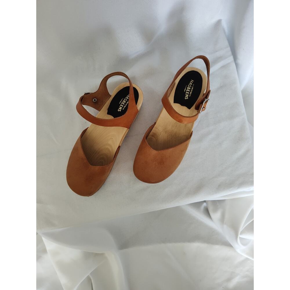 Swedish Hasbeens Women’s Brown Leather Ankle Strap Buckle Wood Clogs US 7 - Picture 5 of 6